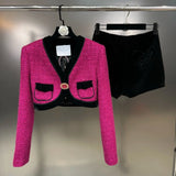 2022 Winter V Neck Rhinestone Buckle Knitted Short Jacket Velvet High Waist Shorts Two Piece Set Women Outfits