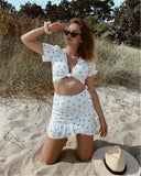 Queens Summer Women Two Piece Outfits Cross V-neck Tops Bohemian Mini Skirts 2 Pcs Rayon Cotton Boho