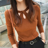 O-neck Slim Stretch Sexy Pullover Winter Hollow Sweater Slim Bottoming Tops Sweater Ladies Solid Soft Pull Elegant