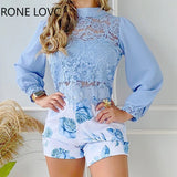 Women Elegant Lace Patchwork Long Sleeves Crop Top Floral Print Bottom Fashion Working Short