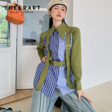 Green Navy Blue Striped Patchwork Shirt Shacket Women Button Up Belt Collared Shirt Loose Designer Fashion Top