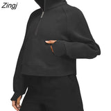 Women‣s Stand Collar Pullovers Long Sleeve Solid Color Half Zip Front Pocket Sweatshirts Spring Autumn Loose