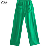 Women Simply Solid Green Color Pockets Casual Straight Pants Female Chic Elastic Waist Lace Up Summer Long Trousers