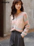 2022 Autumn Winter Women's Rainbow Stripe Cardigan Korean Slim O-Neck Mohair Single Breasted Knitted Sweaters