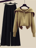 Winter Knit Two Piece Sets Womens Outfits Ladies Casual Sailor Collar Knitted Sweater And Wide Leg Pants Sets Koeran