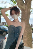 Denim Slim Waist Button Irregular Tanks Vintage Tops Sexy Tube Skinny Women Backless Shoulder Strapless