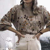 Pull Chic Bead Embroidery Grey Sweater Elegant Long Sleeve Vintage Winter Knit Pullover Women Tops With Floral