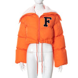New Turn-down Collar Jacket Women Letter Embroidery Flare Long Sleeve Short Down Coat Drawstring Leisure White