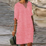 Solid Pullover Dresses Spring Cotton Linen Loose Medium Length Dress Retro Button Stand Collar Half Sleeve Commuter
