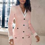Women Elegant V Neck Pocket and Button Long Sleeves Formal Fragrant Breeze Mock Two-Piece
