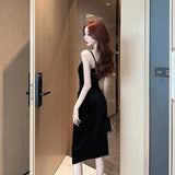 Wedding Party Black Sleeveless Midi Dresses for Women 2023 Autumn New Sexy Fashion Slim Evening Velvet Female