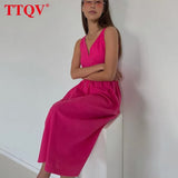 Summer V-Neck Green Women'S Dress 2022 Casual Loose Sleeveless Office Midi Dresses Elegant Classic Ruched Female