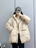 New Winter Women White Duck Down Jacket Hooded Warm Oversize Puffer Coat Female Casual Loose Parkas Pocket