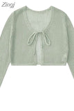 Sleeve Hollow Out Knitted Cardigan Short Green Sweaters Women Fake Two Piece Tanks Slim Y2k Sets Hotsweet Crop