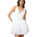White Embroidery Hook V-neck Mini Dress- Outfit