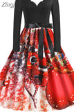 Women Winter Long Sleeve Vintage Christmas Dress Black Red Print V Neck Sexy Xmas Party Dress Robe 3XL Elegant