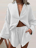 Long Sleeve Lapel Single Breasted Cardigan Shirt + Elastic Waist Shorts 2 Piece Set Women Casual Loose Solid Pocket