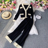 Temperament Knitted Suit Women Elegant V-neck Cardigan Knitted Jacket + High Waist Wide-leg Pants Two-piece