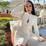 New Summer Women V Neck Bandage Dress Red Sexy Long Sleeve Button Bodycon Club Celebrity Elegant Evening Mini Party