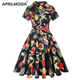 Cotton Retro Vintage Women Dress 50s 60s Short Sleeve Red Floral Print Rockabilly Jurken Large Swing Vestidos Robe