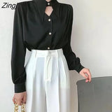 Women Long Sleeve Elegant Leisure All-match Retro Trendy Office Ladies Spring Solid Chemise Femme Clothes Simple