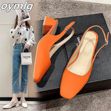 middle heel sandals women's thick heel square toe 2022 summer new fashion back empty shoes orange