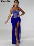 Sexy Blue Rhinestone Crystal Patchwork High Split Maxi Dress New Women Sleeveless Strap Night Clubwear Long