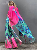Boho Peacock Printed Front Open Kimono Dress Sexy Blue Chiffon Tunic Women Summer Clothing Plus Size Beach Dresses
