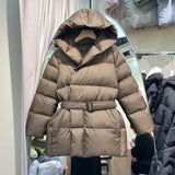 Winter Women's Down Jackets Ultra Light Warm Casual Coat Female Puffer Jacket With a Belt Plus Size Hooded Parka