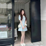 Vintage Sweet Dress Women Elegant Bow A Line Mini Dresses Office Lady Summer Korean High Waist Slim Casual Chic