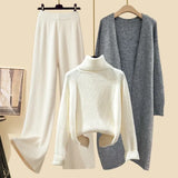 Winter Warm Knitwear Sets For Womens Elegant Turtleneck Sweater+long Knitted Jackets+wide Leg Knitting Pants Sets 2023