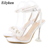 Designer Pearls Wedding Bride Women Sandals Fashion Summer Square Toe PVC Transparent Crystal Perspex High Heels