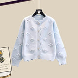 Winter Knit Sets Womens Outfits Korean Sweet Floral Knitted Cardigan And Wide Leg Pants Sets Ladies Elegant Knitting