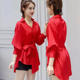 Ladies Casual Lace-up Bowknot Long Sleeve Shirt Single-breasted Elegant POLO Collar Asymmetrical Hyun Ya Tunic