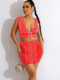 Sexy Black Diamond Crystal Mesh Skirt Set Women Deep V Neck Tank Top And Mini Skirt Suit Night Clubwear Matching