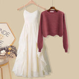 Women Spring Two Pieces Sets Korean Long Sleeve Knitted Sweater Cardigan And Ruffles Patchwork Mesh Long Dress