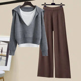 Winter Women Clothing Korean Casual Vest+knitted Sweaters+wide Leg Knitting Wide Leg Pants Sets Ladies Warm Knitwears