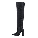Winter Women Over The Knee Boots Print Pu Square High Heel Knee High Boots Slip On Pointed Toe Long Boots