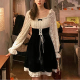 Vintage Dress Women 2023 Spring Casual Kawaii Lace Slim One Piece Dress Korean Elegant Retro Fairy Dress Female Cute