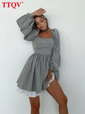 Elegant Gray Square Collar Dresses For Women 2022 Autumn Lantern Sleeve Cascading Ruffle Dresses Fashion Patchwork