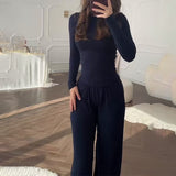 Summer New Women's Round Neck Solid Color Wide Leg Pants Temperament Commut Fashion