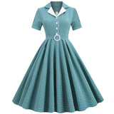 Retro Vintage Swing Casual Summer Dress Button Front Turn Down Collar Plaid Print 1950s Pinup Rockabilly Dresses with
