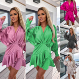 Zingj Ins Clear New Wind Summer Payment Collection Waist V-Collar Solid Color Satin Dress