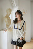 Vintage Sailor Collar Long Sleeve Blouse Women Lantern Sleeve Beige Loose Tops And Bloues 2021 Fall Classy