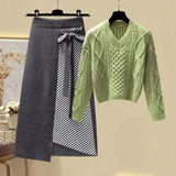 Women Autumn Winter Warm Knitted Two Pieces Sets Korean Long Sleeve Pullover Sweater Top And High Waist Skirts