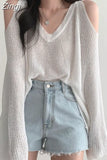 Solid Casual Hollow Out Korean Long Sleeve Sweater Y2k Pullover Loose Off Shoulder Sueters Sunscreen Tops Knitted