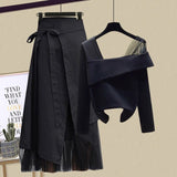 Women Sets Mesh Patchwork Slash Neck Tops + Asymmetric Skirt 2 Piece Suit Female Party Suits Elegant Casual Two Piece