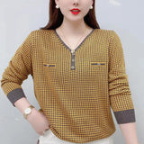 Winter Oversized V-neck Vintage Houndstooth Loose Casual T-shirt Female Long Sleeve Wild Pullover Top Women Bottomed