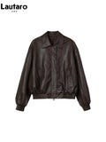 Spring Autumn Oversized Casual Waterproof Coffe Soft Pu Leather Jacket Women with Drop Shoulder Long Sleeve Fashion