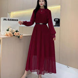 2025 New Sweet Bow Heavy Industry Waist Display Thin Folding Solid Color Chiffon Long Sleeve